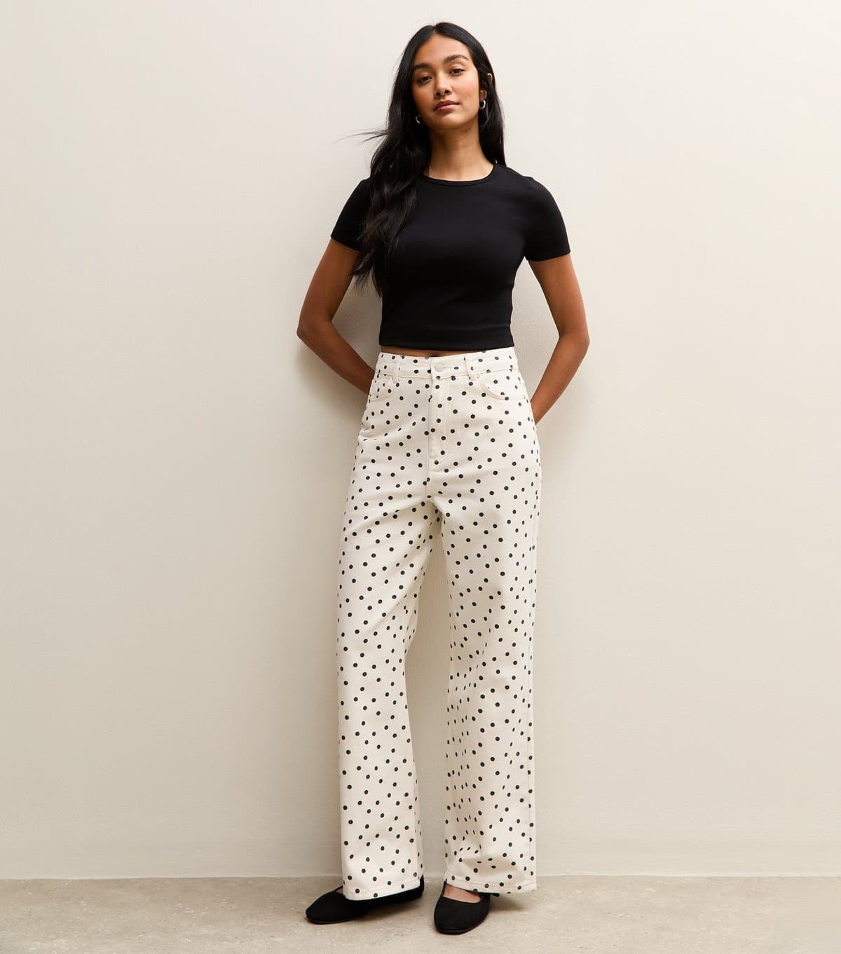 New Look Women's White Denim Polka Dot Wide Leg Jeans New Look