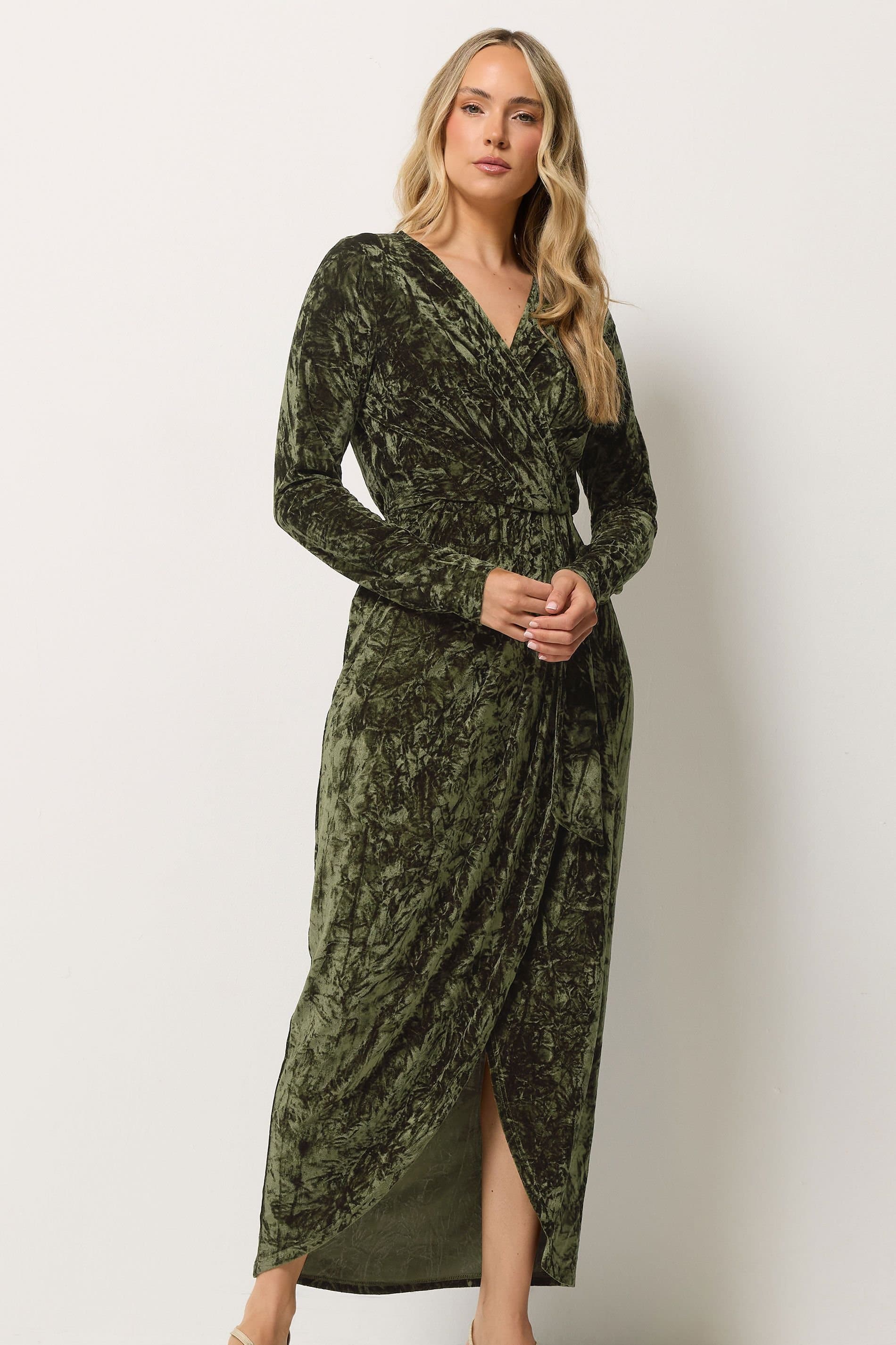 Long Tall Sally Long Tall Sally Women's Tall Crushed Velvet Wrap Midi Dress in Olive