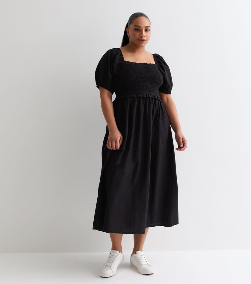 New Look Women's Plus Size Black Square Neck Shirred Midi Dress Curves New Look - 1