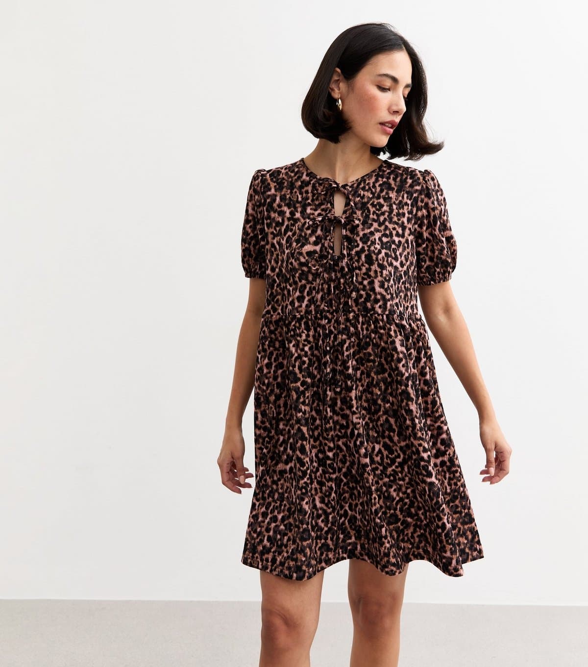 New Look Women's Brown Crinkled Leopard Print Tie Front Mini Dress New Look