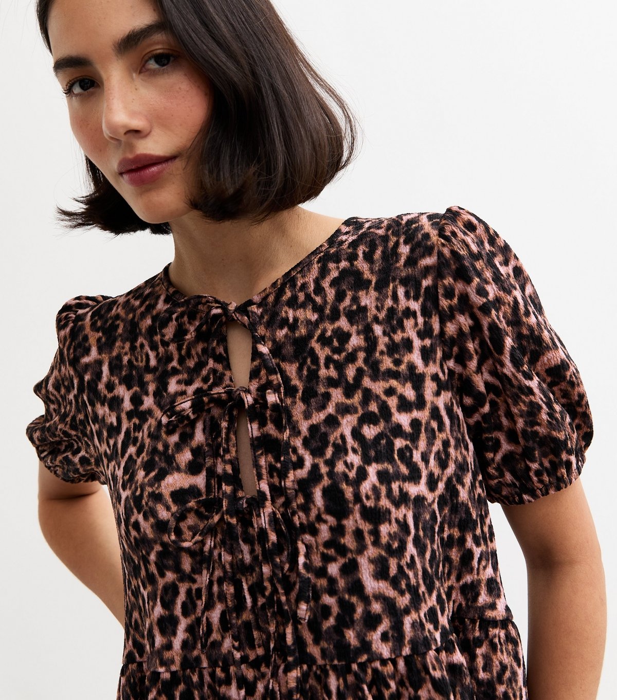 New Look Women's Brown Crinkled Leopard Print Tie Front Mini Dress New Look - 2