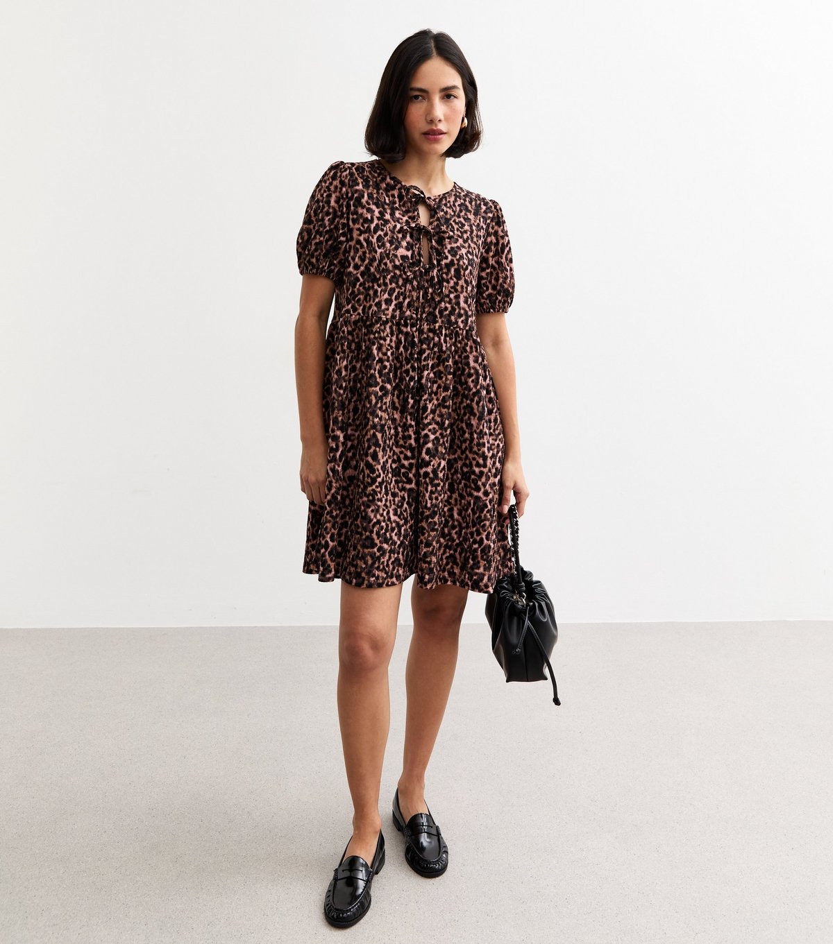 New Look Women's Brown Crinkled Leopard Print Tie Front Mini Dress New Look - 3