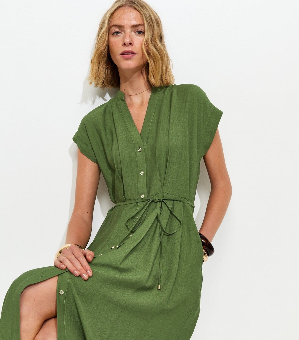 New Look Khaki Toggle Shirt Midi Dress
