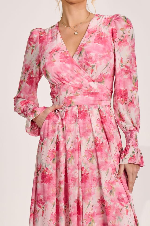 Jolie Moi Jolie Moi Women's Long Sleeve Dip Hem Mesh Maxi Dress in Light Pink - 3