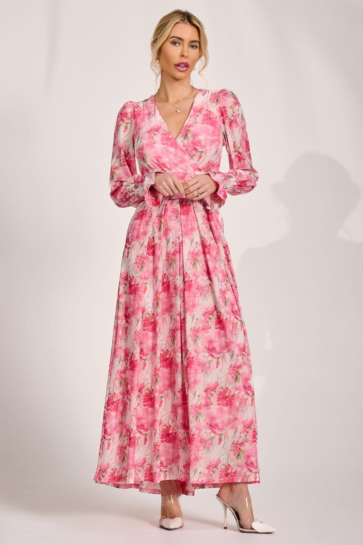Jolie Moi Jolie Moi Women's Long Sleeve Dip Hem Mesh Maxi Dress in Light Pink - 4