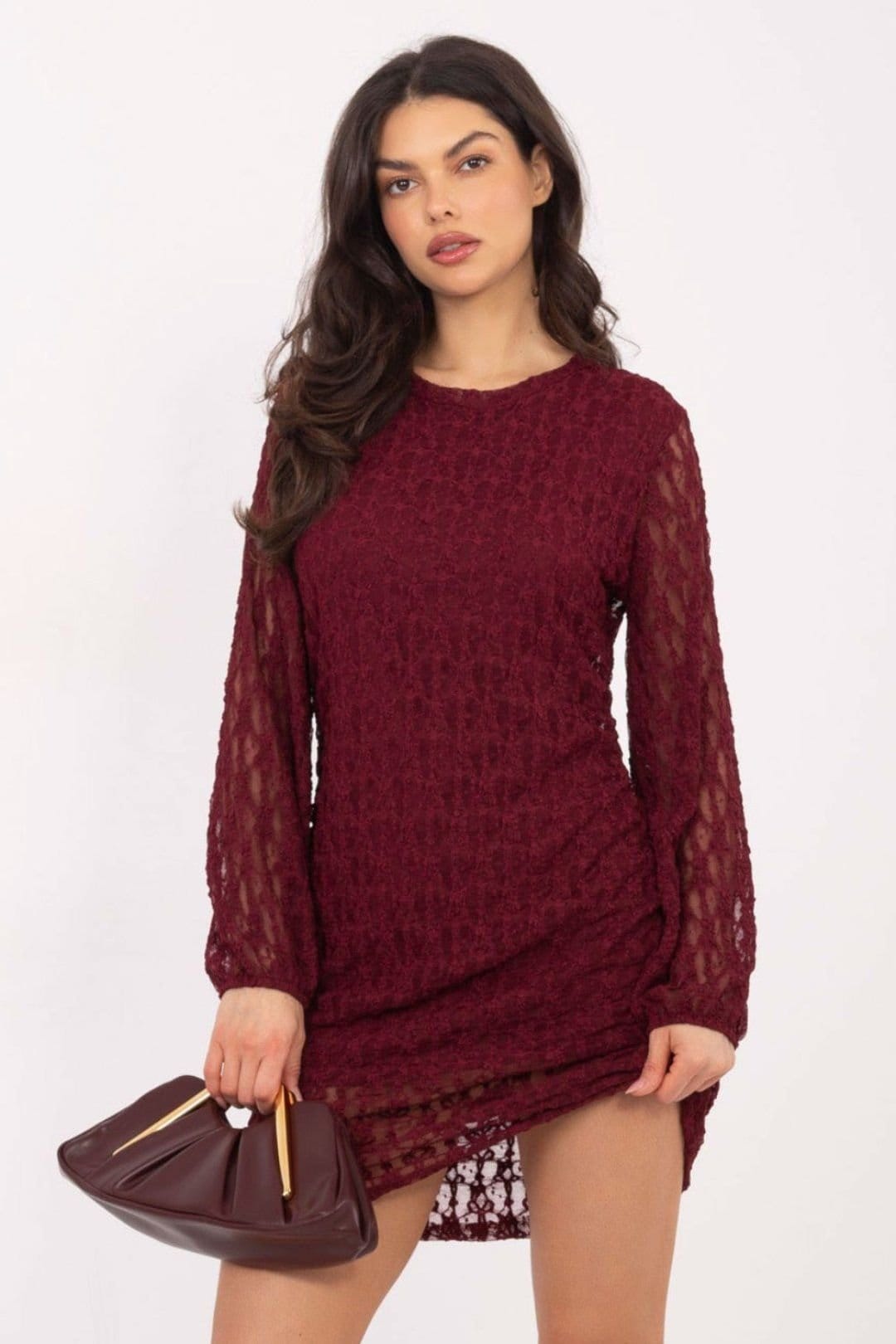 Love Lace Love Lace Women's Elegant Lace Mini Dress With Ruched Sides Style 222592 in Burgundy - 4