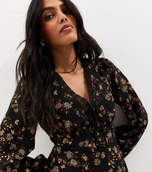 New Look Women's Black Floral Print Lace Trim Mini Dress New Look - 2
