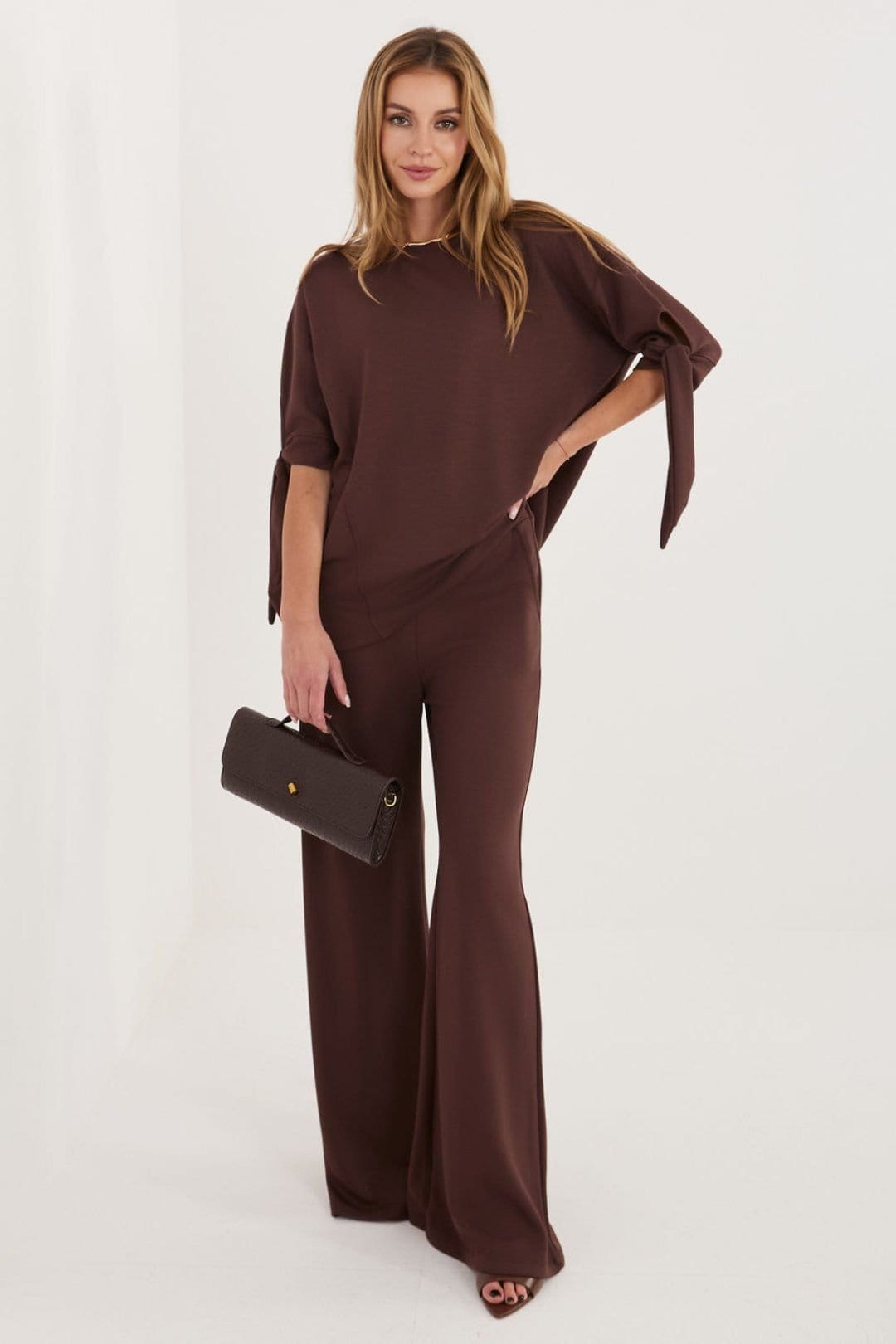 Love Lace Brown Viscose/Elastane Blouse & Wide Trouser Set