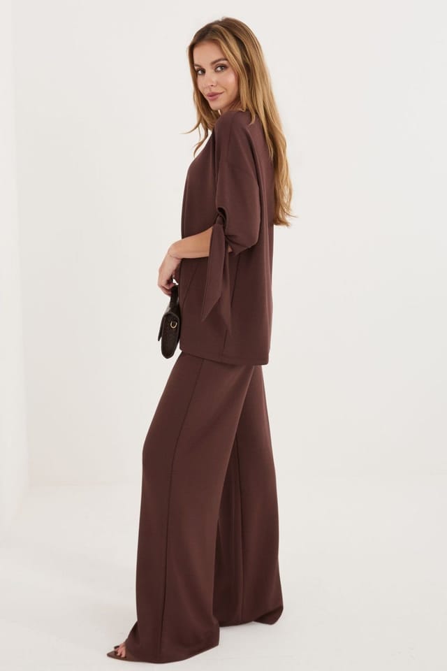 Love Lace Love Lace Women's Viscose elastane blouse & wide trouser set in Brown - 2