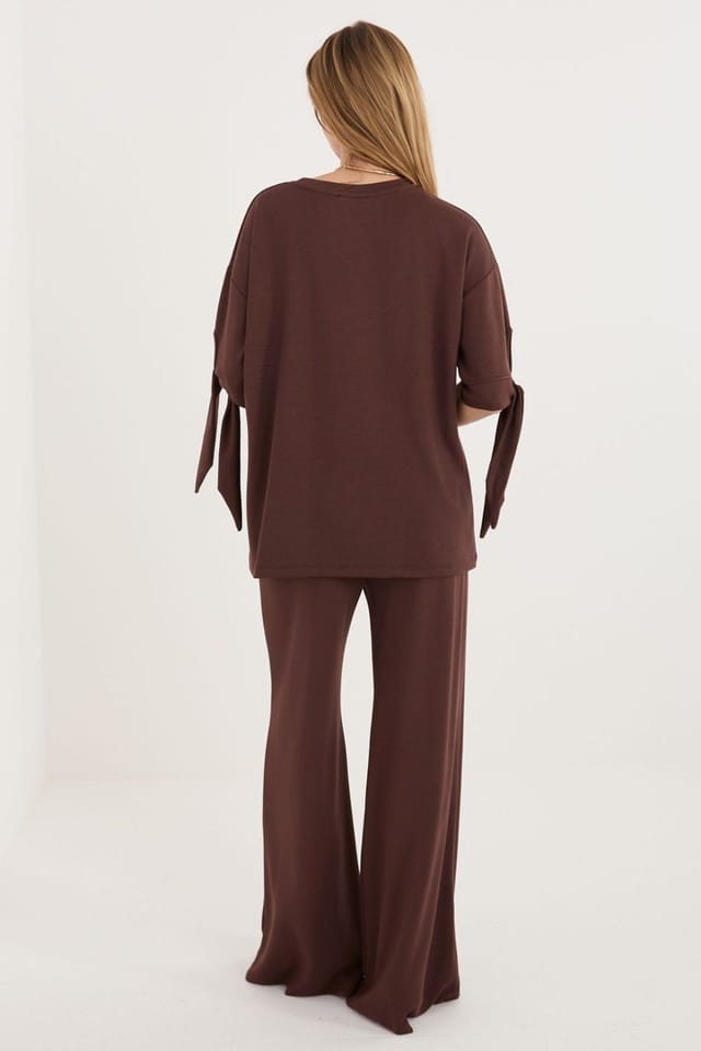 Love Lace Love Lace Women's Viscose elastane blouse & wide trouser set in Brown - 3