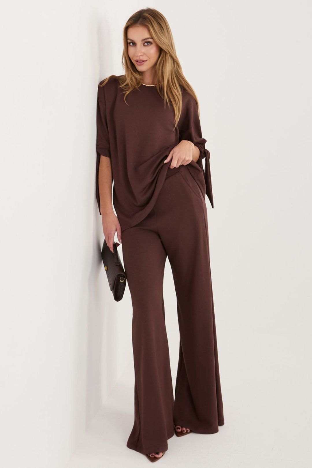 Love Lace Love Lace Women's Viscose elastane blouse & wide trouser set in Brown - 4