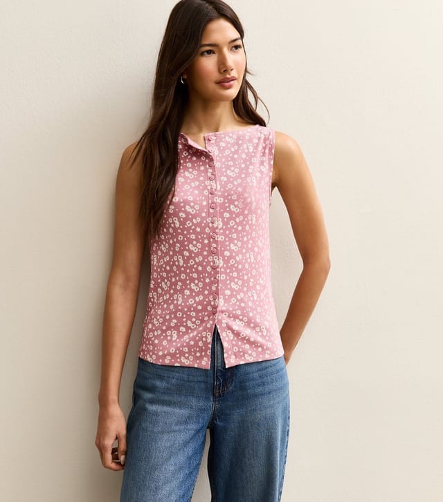 New Look Women's Pink Floral Print Button Through Tank Top New Look - 2