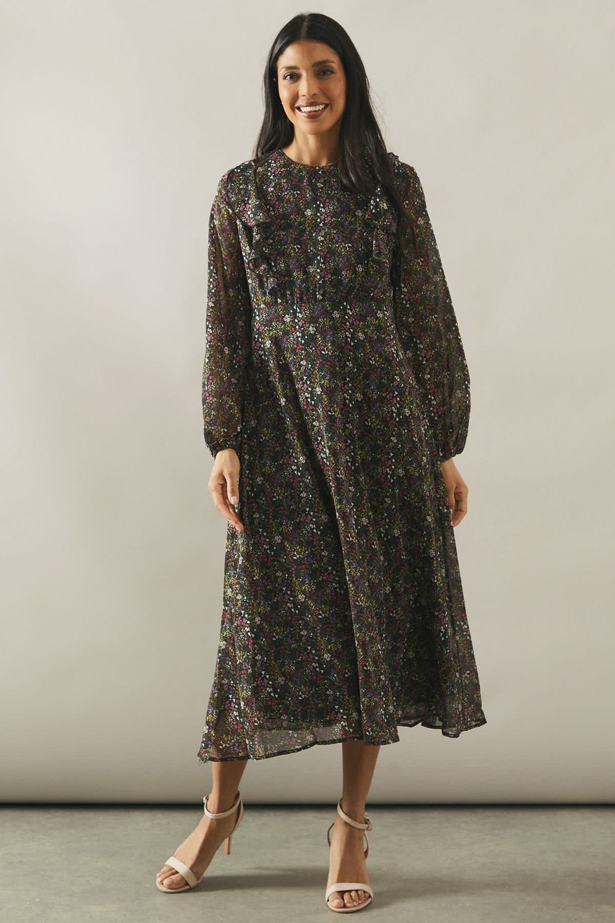 Wallis Wallis Women's Floral Print Ruffle Detail Midi Dress in Black