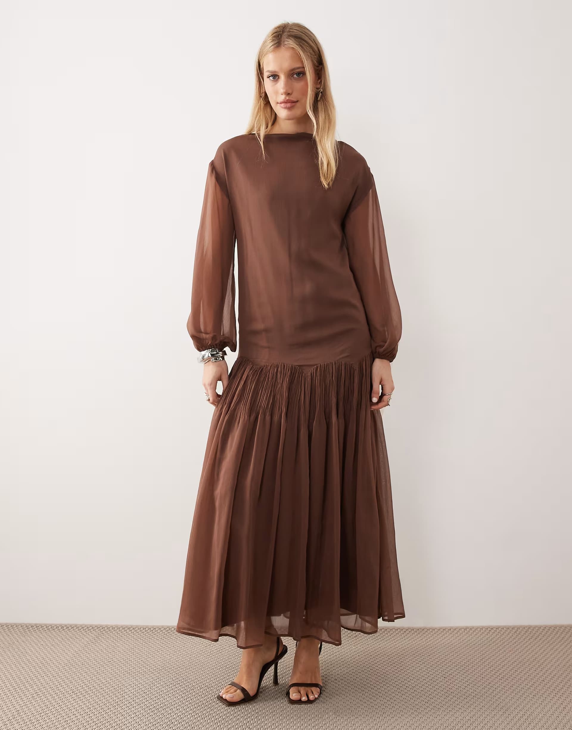 ASOS ASOS DESIGN slash neck chiffon godet maxi dress in chocolate