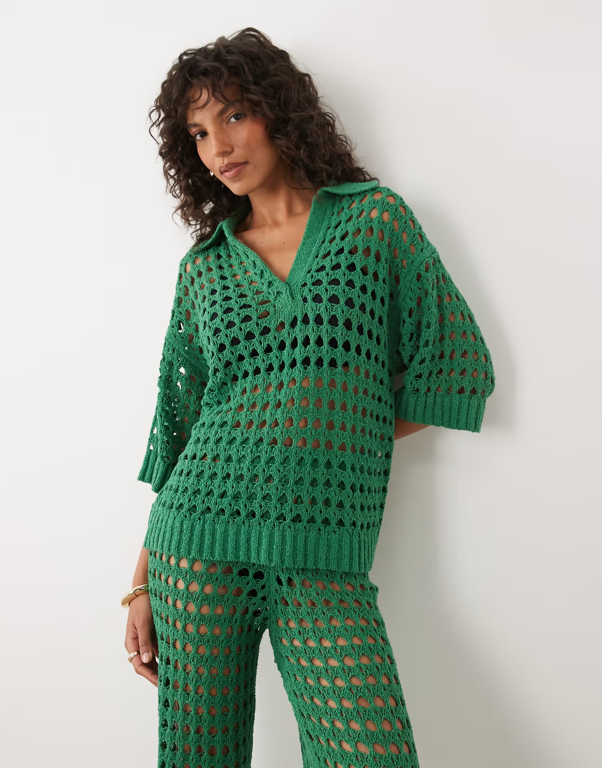 ASOS ASOS DESIGN beach crochet collared short sleeve top co-ord in green