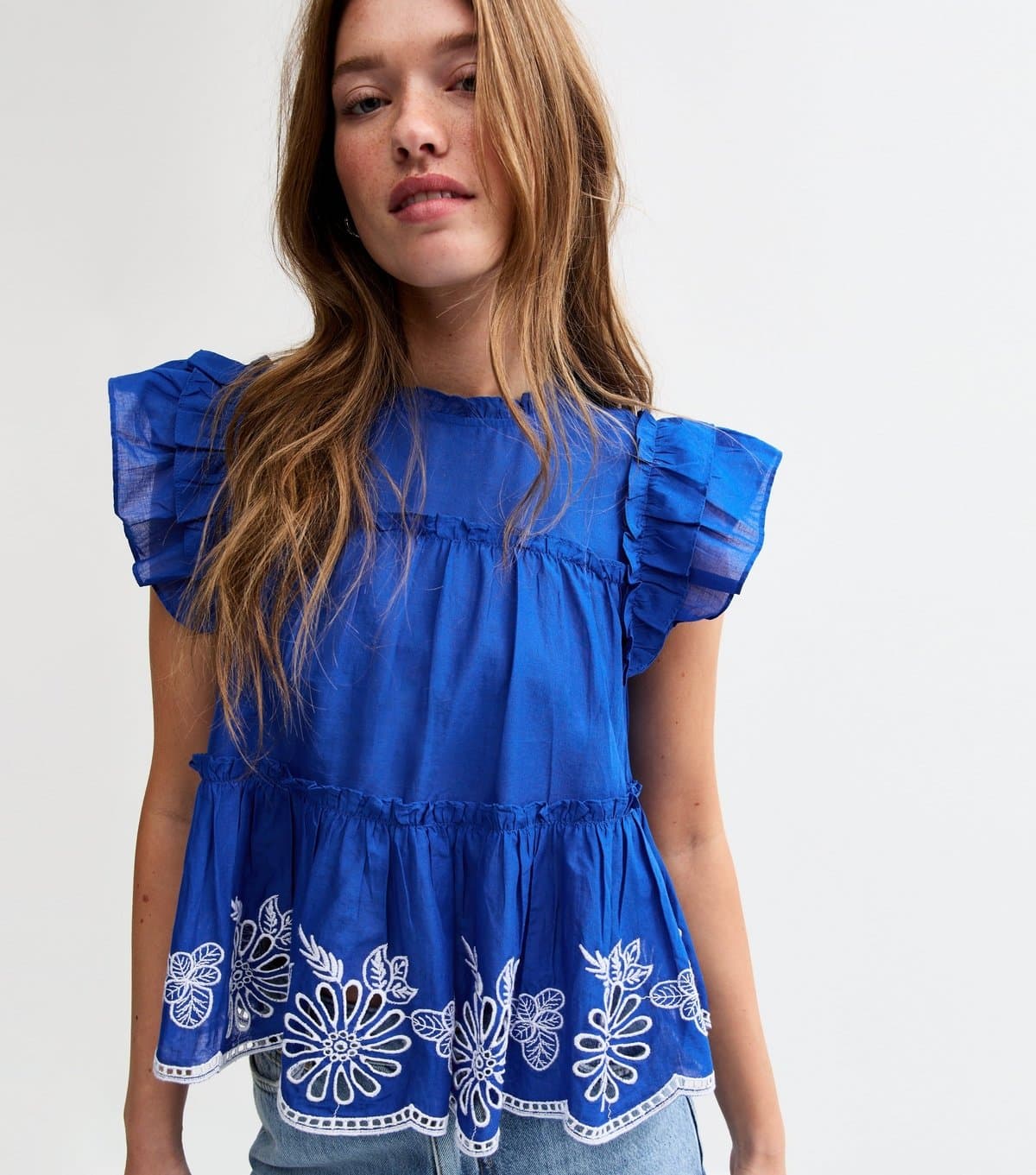 New Look Women's Bright Blue Floral Embroidered Frilly Trim Top New Look
