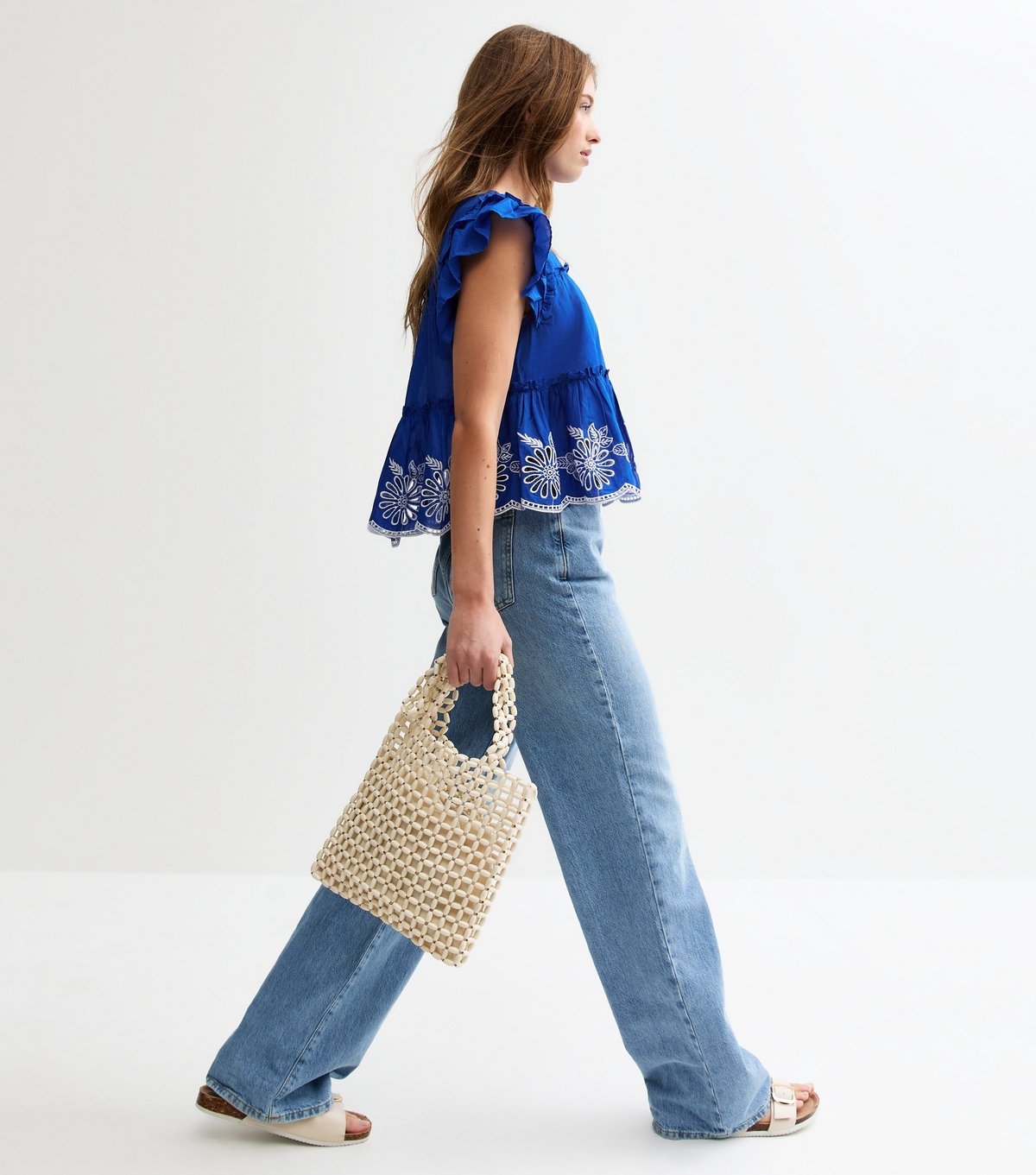 New Look Women's Bright Blue Floral Embroidered Frilly Trim Top New Look - 2