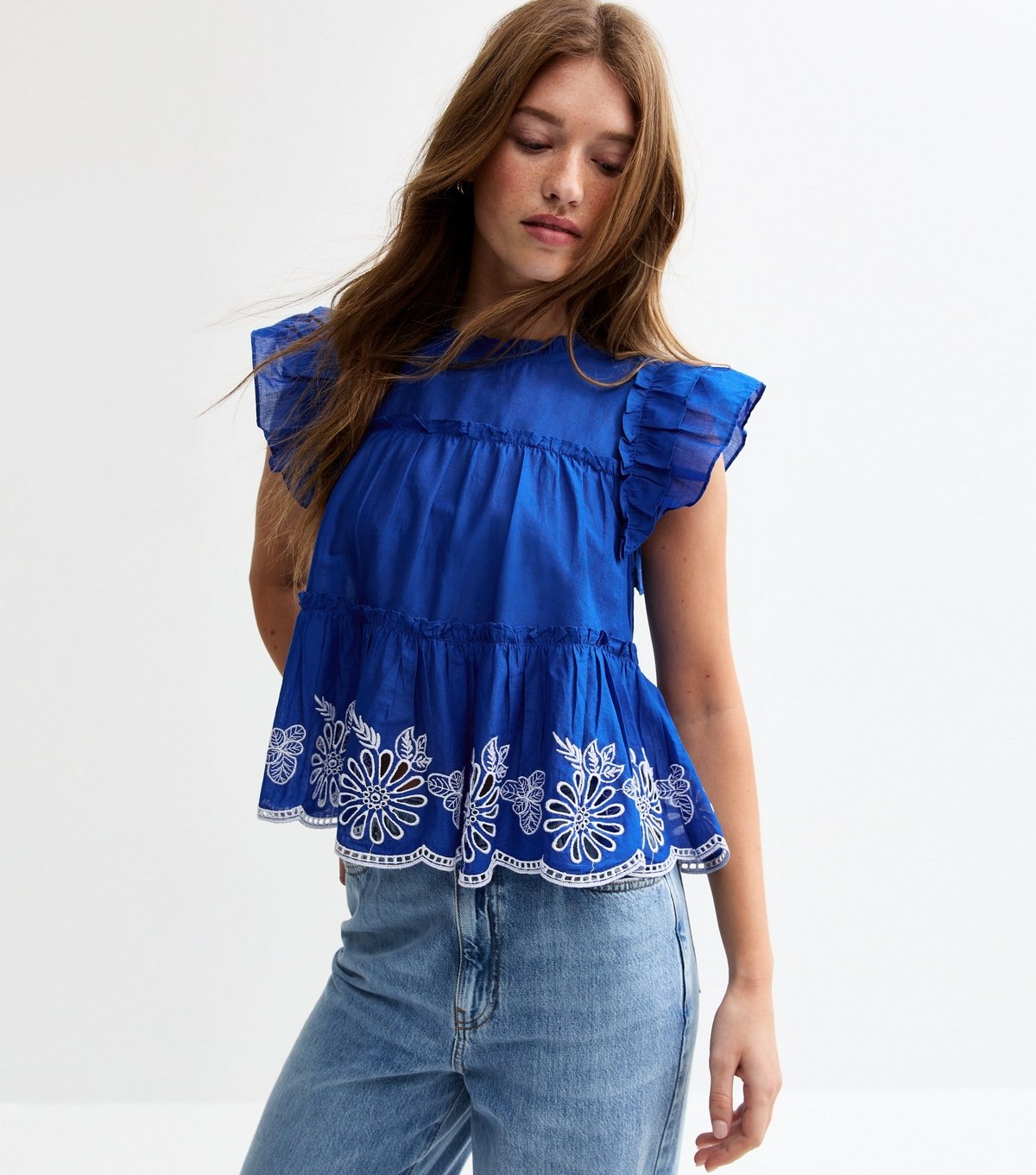 New Look Women's Bright Blue Floral Embroidered Frilly Trim Top New Look - 3