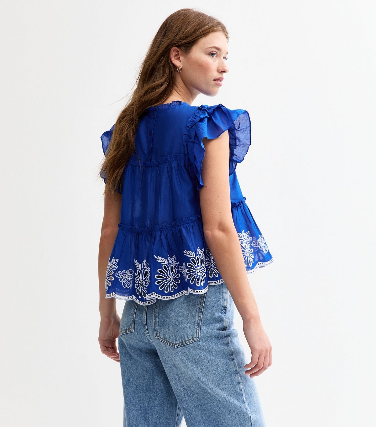 New Look Women's Bright Blue Floral Embroidered Frilly Trim Top New Look - 4