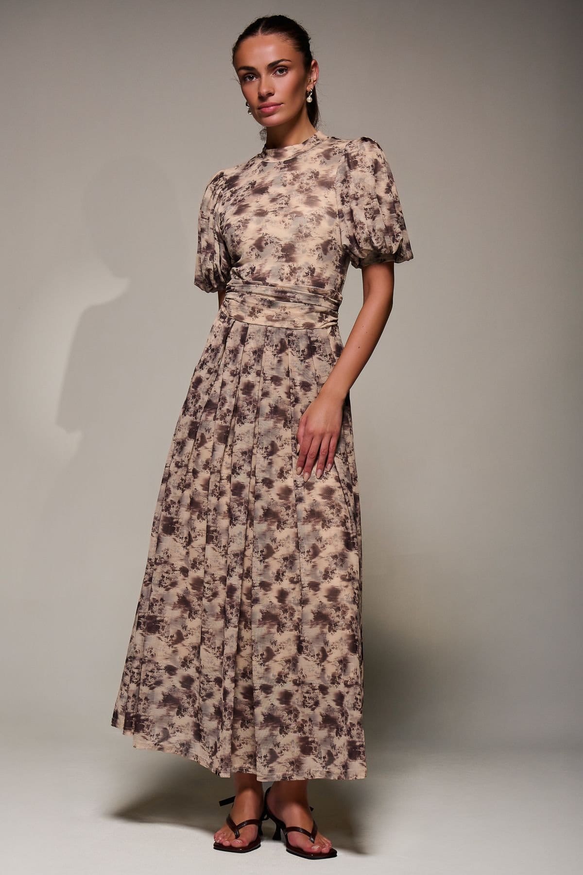Jolie Moi Jolie Moi Women's Puffy Sleeve Printed Mesh Maxi Dress in Brown - 4
