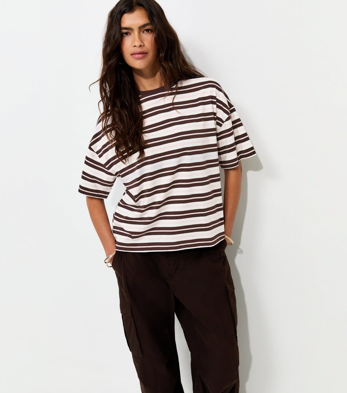 New Look Women's Brown Cotton Striped Oversized Boxy T-Shirt New Look