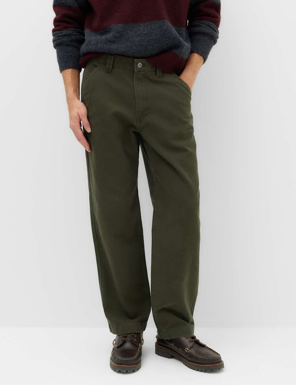 Marks & Spencer M&S Loose Fit Pure Cotton Utility Trousers Dark Khaki