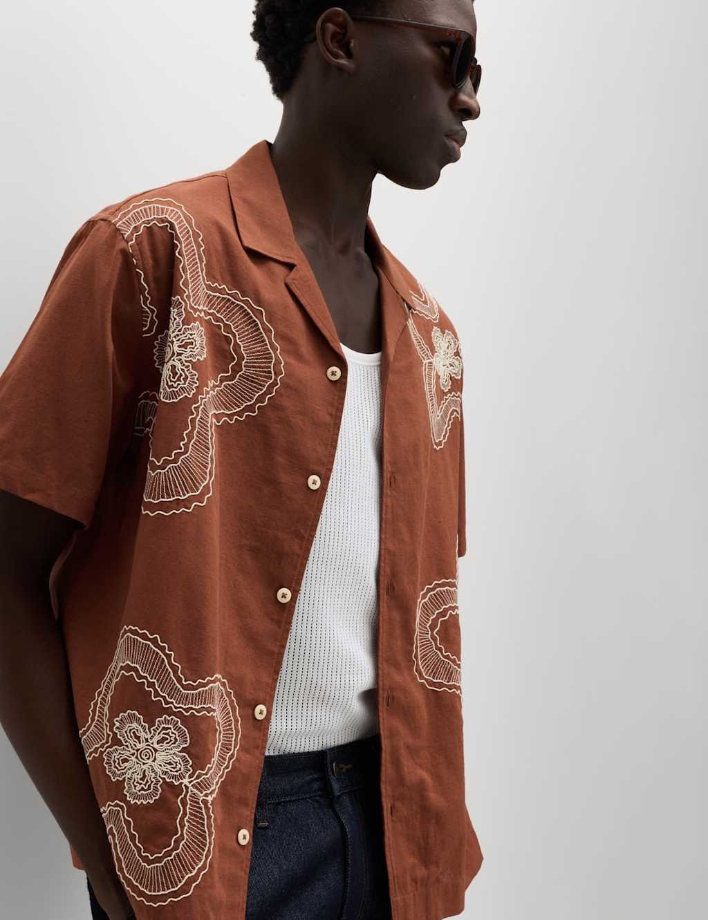 Marks & Spencer M&S Regular Fit Cotton Linen Blend Floral Shirt Rust Mix - 1