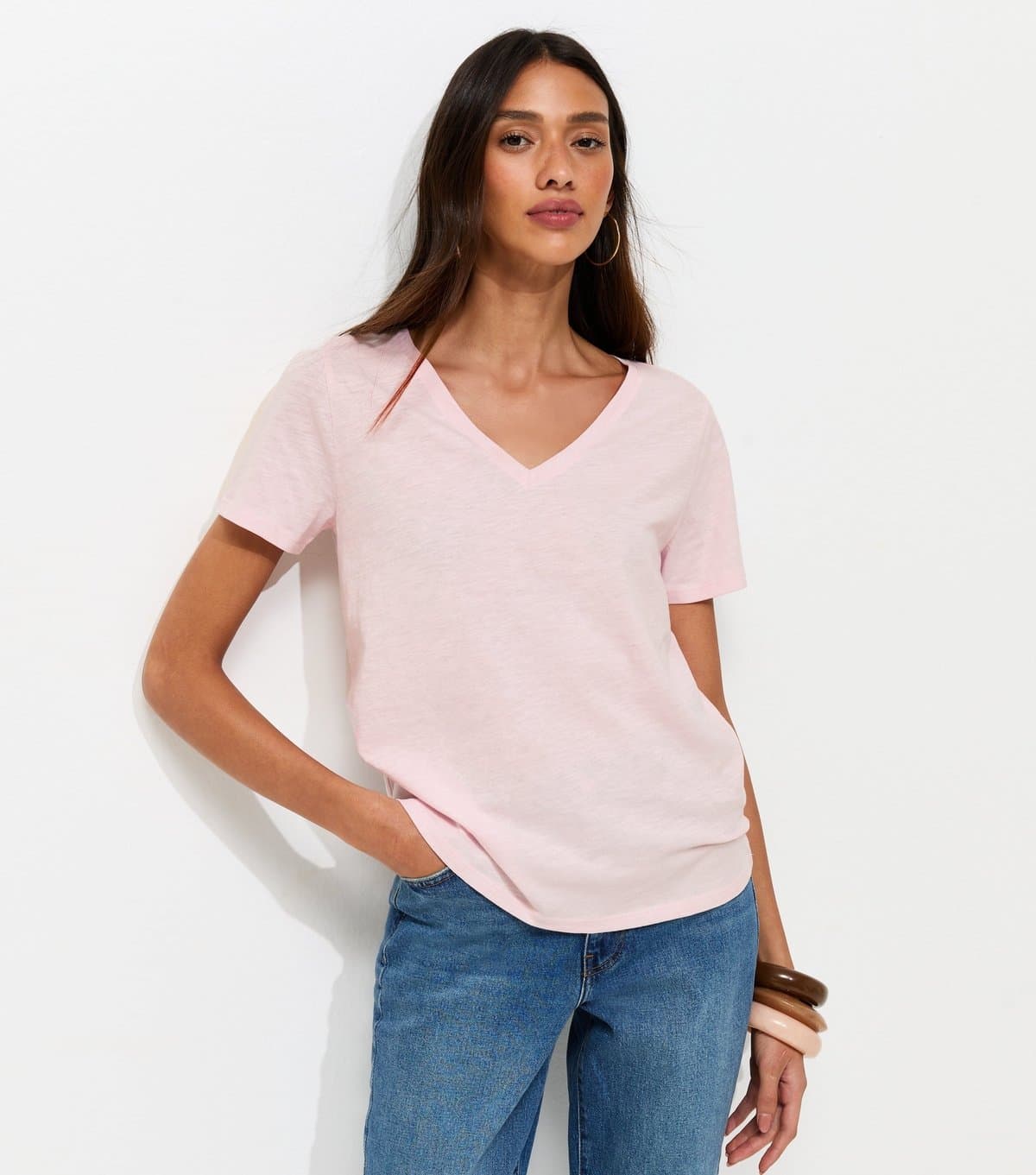 New Look New Look Light Pink Cotton V-Neck T-Shirt