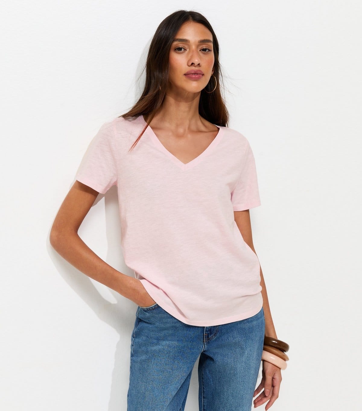 New Look Light Pink Cotton V-Neck T-Shirt