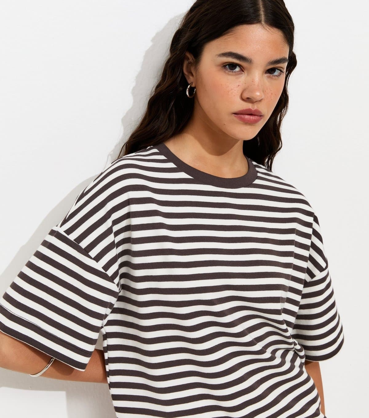 New Look Women's Brown Cotton Rich Striped Oversized Boxy T-Shirt New Look