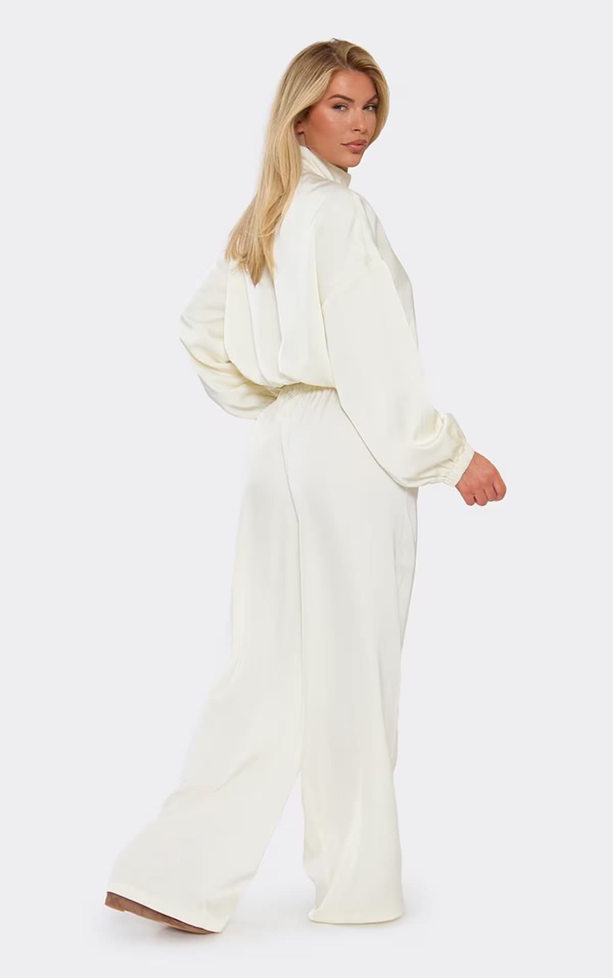 EGO Low Rise Wide Leg Trousers In Cream Satin, Women's Size UK 6