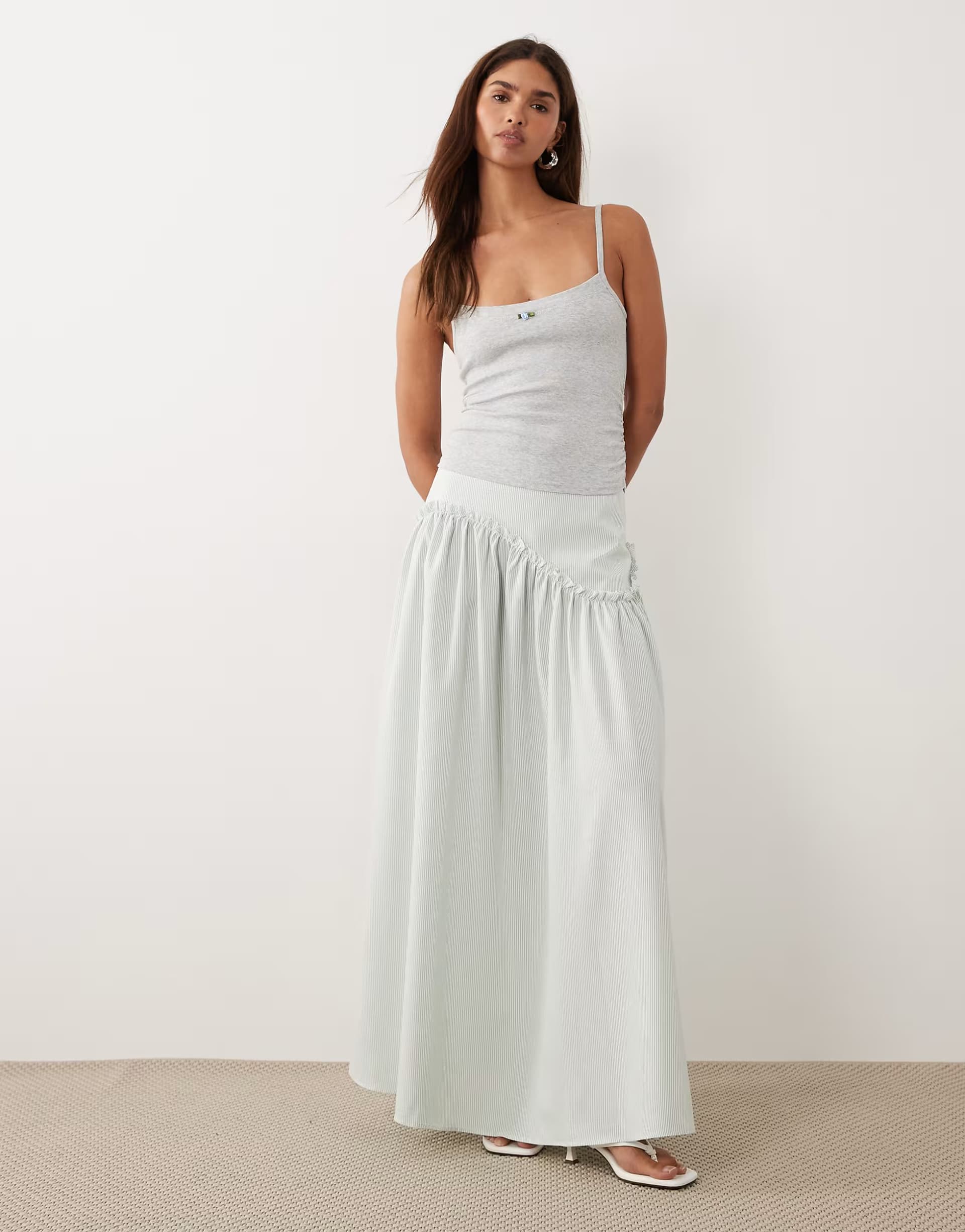 ASOS Bronze Snake drop waist detail maxi skirt in sage pinstripe