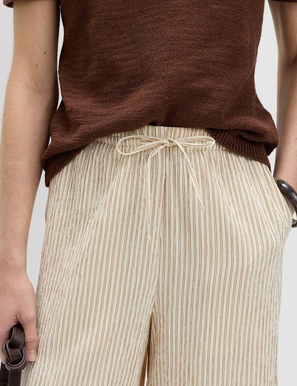 Marks & Spencer M&S Seersucker Pull On Wide Leg Trousers Brown Mix - 2