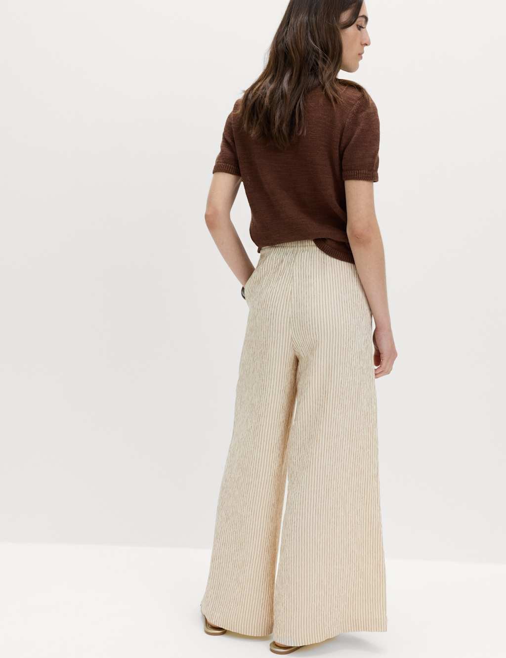 Marks & Spencer M&S Seersucker Pull On Wide Leg Trousers Brown Mix - 3