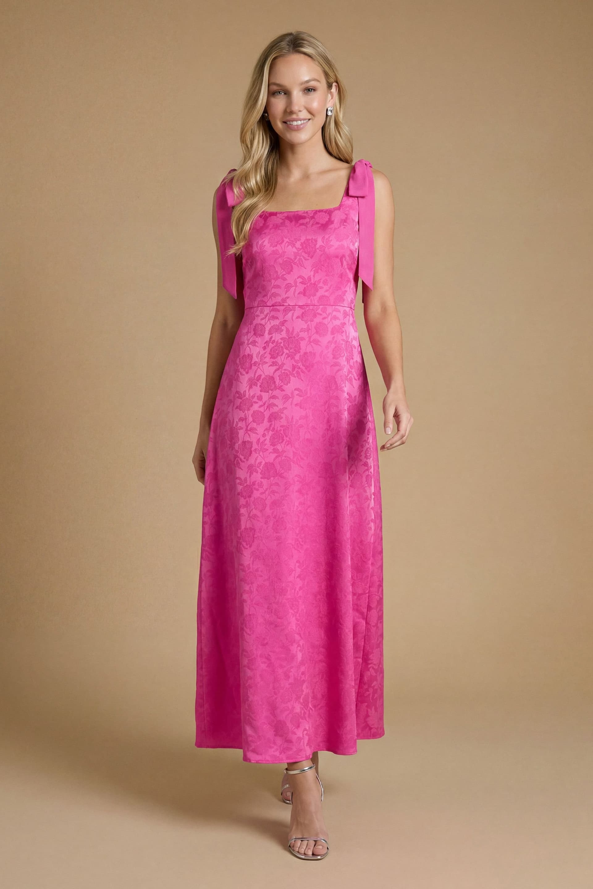 Oasis Oasis Women's Petite Bright Pink Square Neck Chiffon Tie Shoulder Satin Jacquard Bridesmaid Maxi Dress