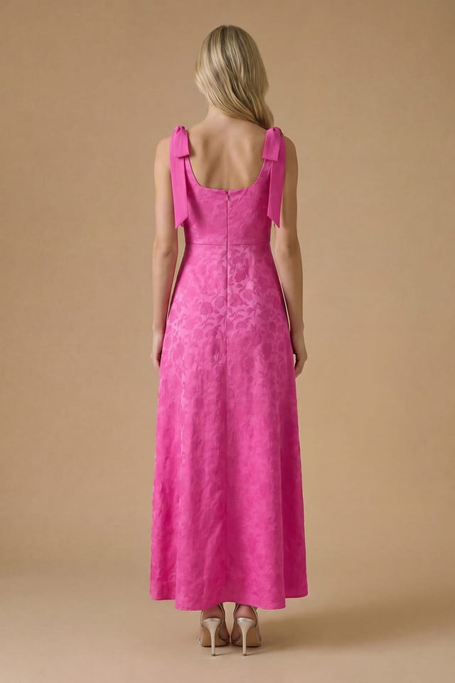 Oasis Oasis Women's Petite Bright Pink Square Neck Chiffon Tie Shoulder Satin Jacquard Bridesmaid Maxi Dress - 3