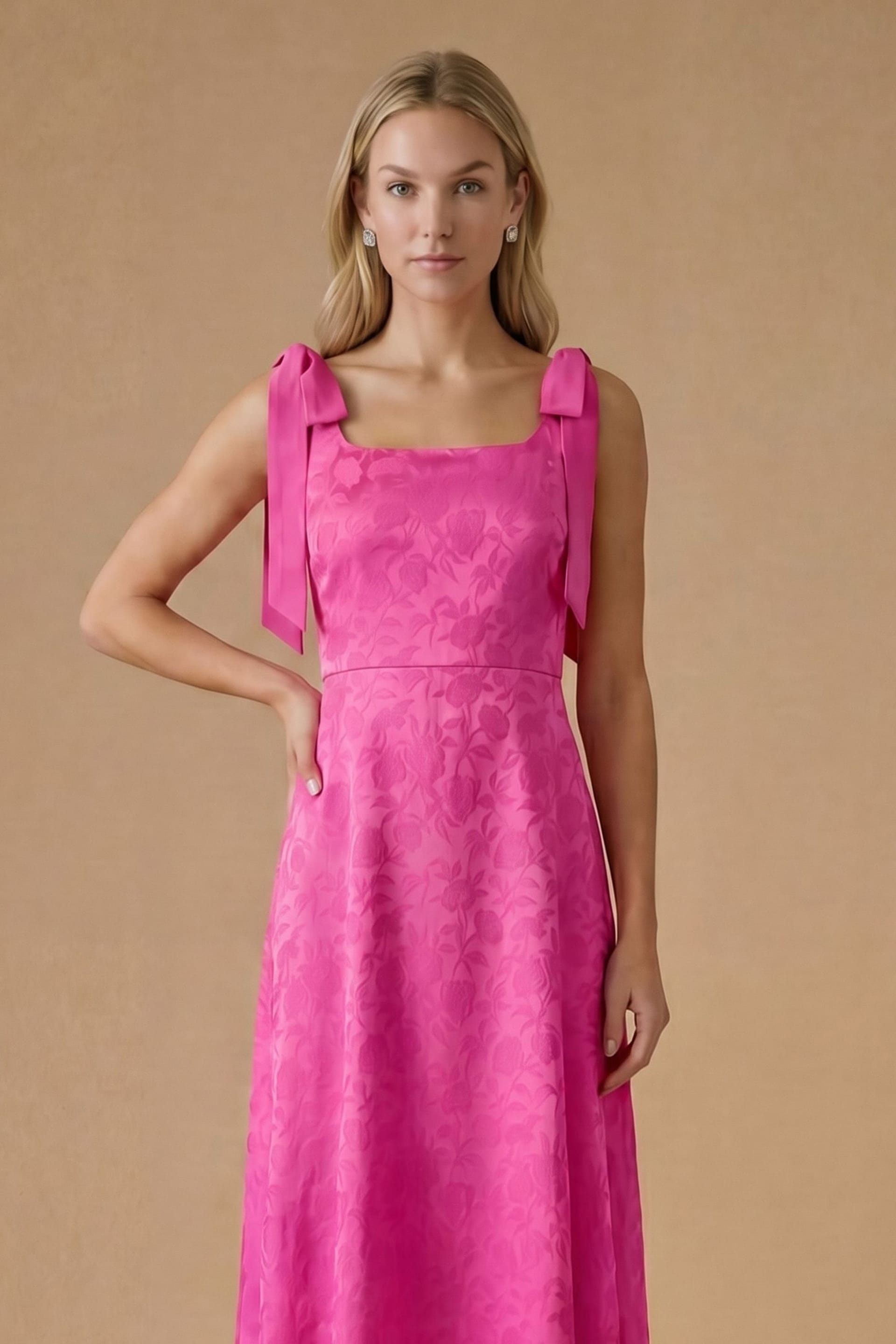 Oasis Oasis Women's Petite Bright Pink Square Neck Chiffon Tie Shoulder Satin Jacquard Bridesmaid Maxi Dress - 4
