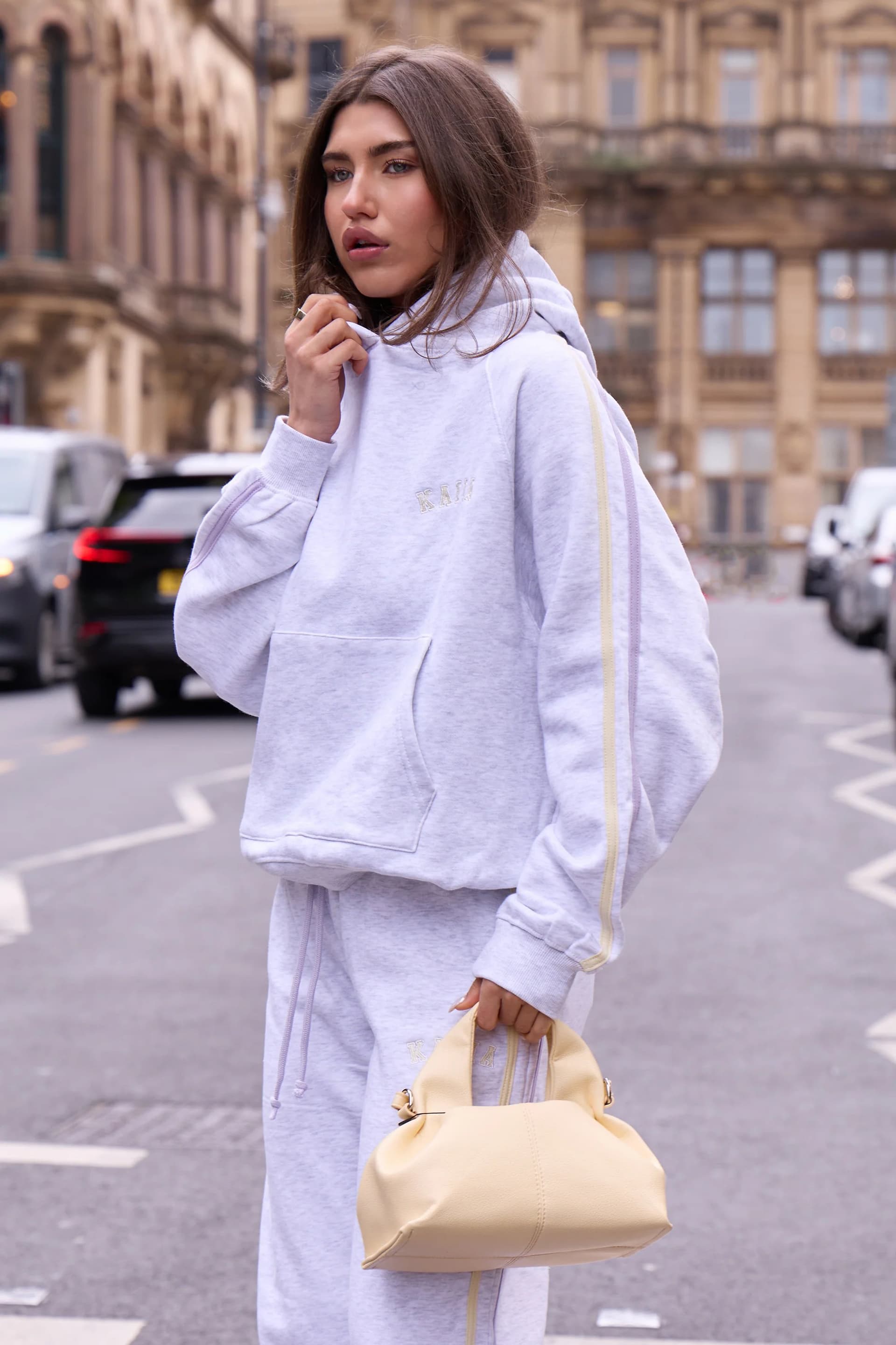 Kaiia Kaiia Sport Side Stripe Wide Leg Joggers Light Grey Marl With Lemon & Lilac