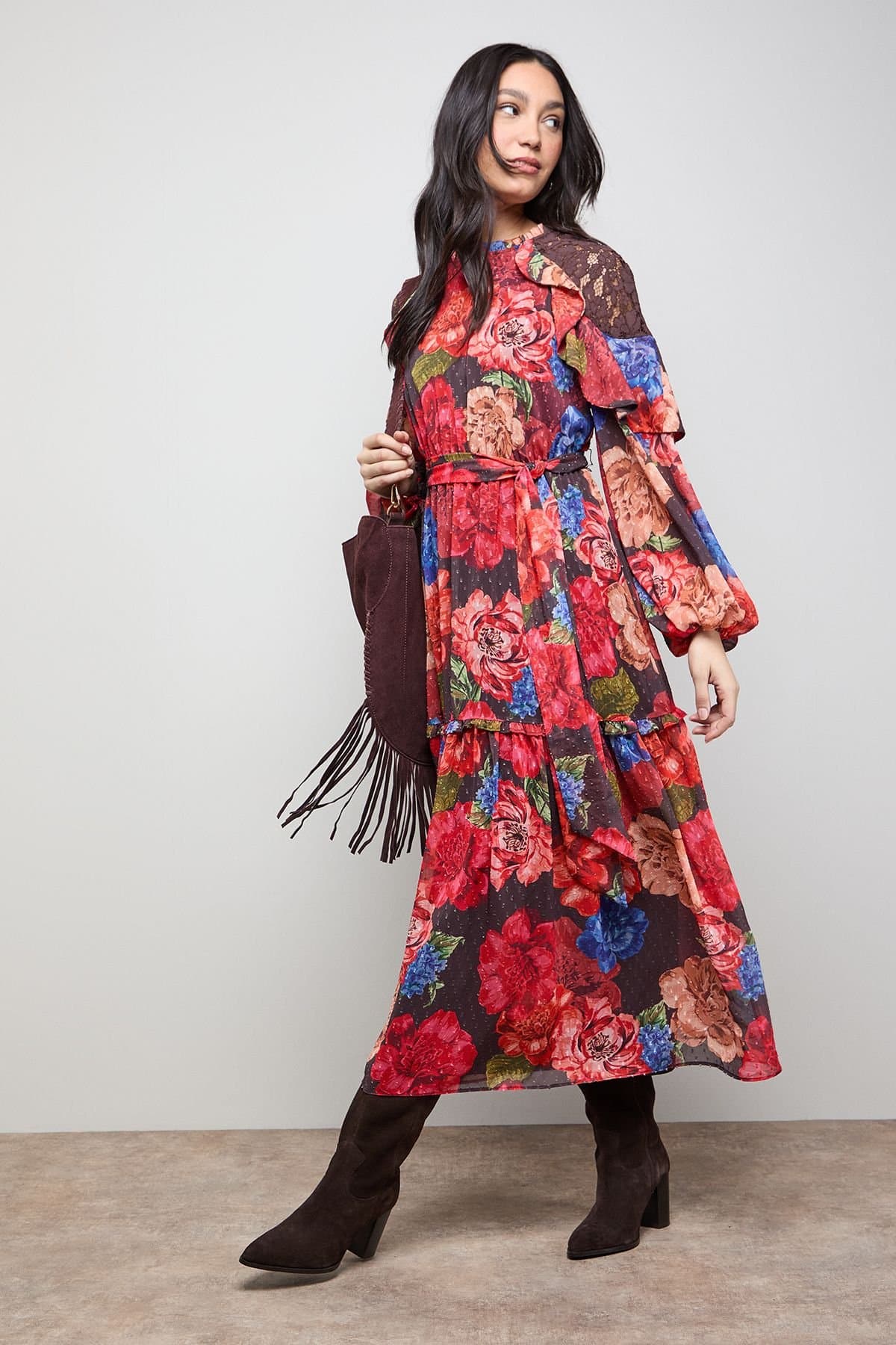 Oasis Oasis Women's Printed Chiffon Cape Detail Belted Waist Midi Dress in Red