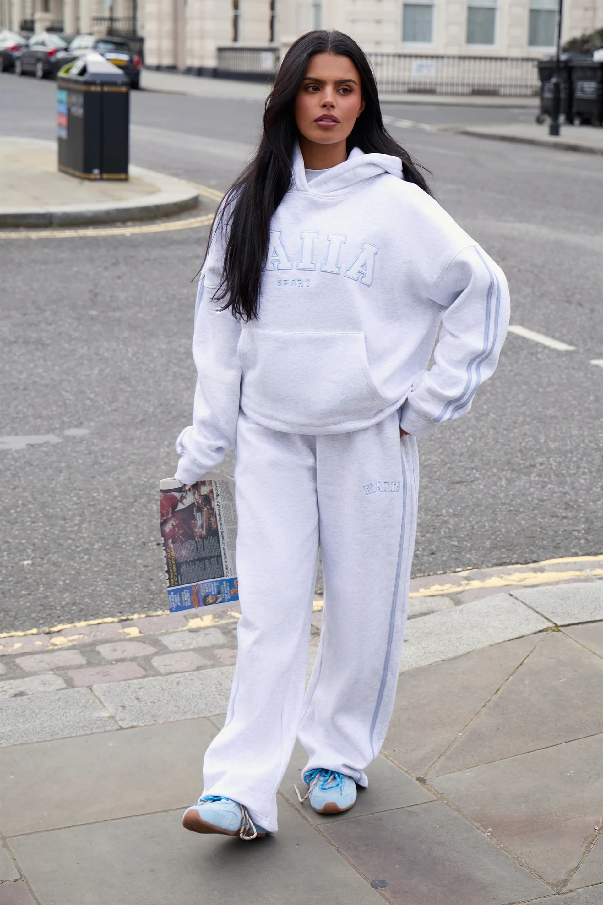 Kaiia Kaiia Sport Side Stripe Wide Leg Joggers Light Grey Marl & Light Blue