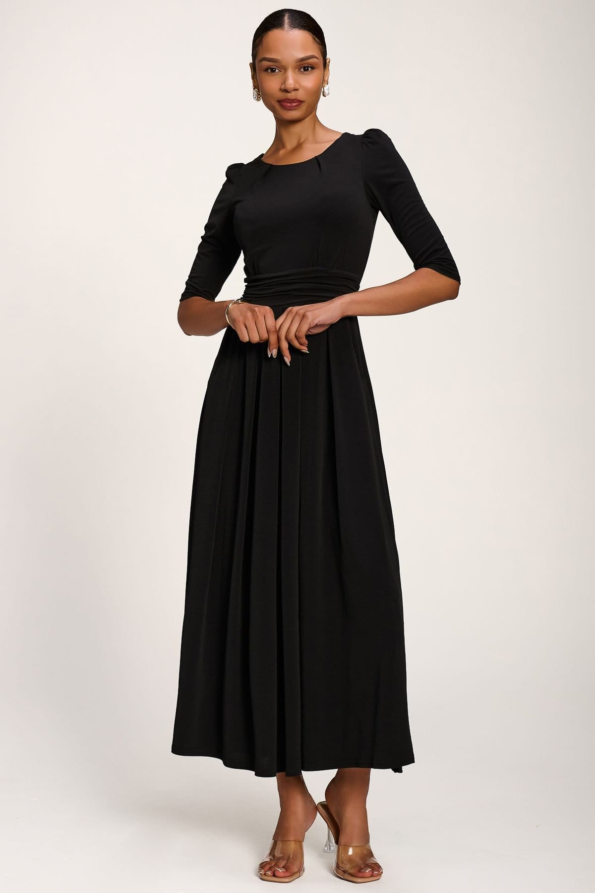 Jolie Moi Jolie Moi Women's 3/4 Sleeve Plain Jersey Maxi Dress in Black - 4