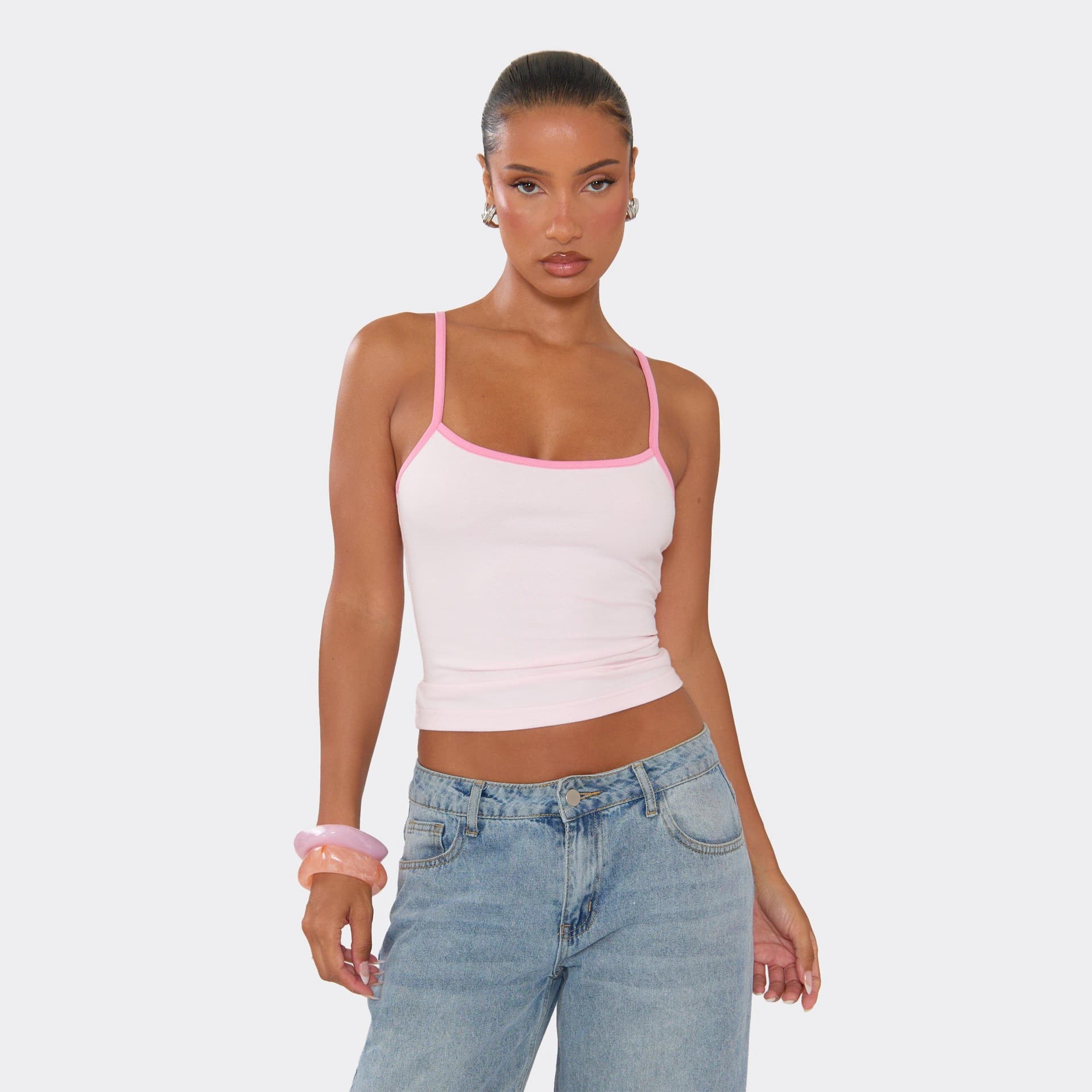 EGO Scoop Neck Contrast Hem Cami Top In Pink, Women's Size UK 10