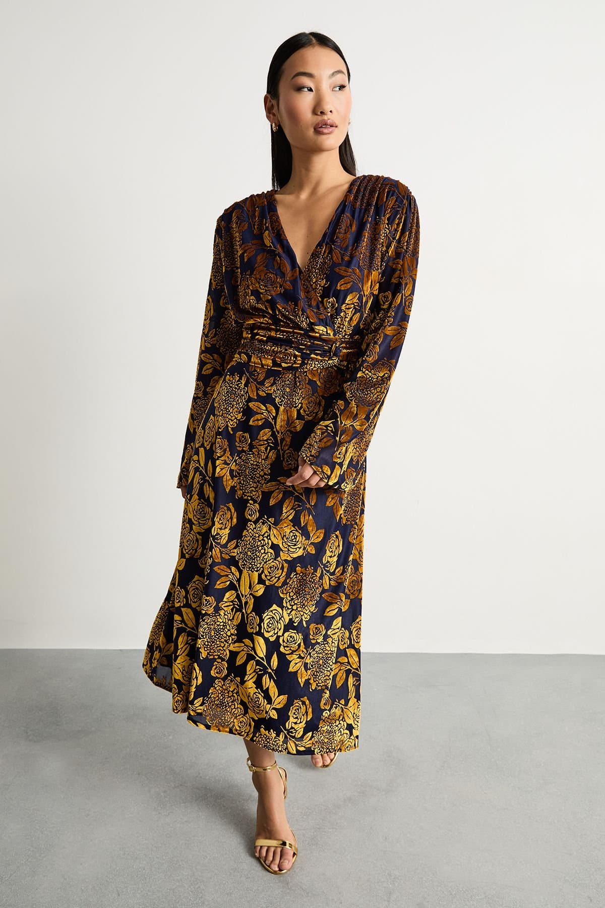 Warehouse Warehouse Women's Petite Devore Plunge Neck Knot Waist Balloon Sleeve Midi Dress in Navy