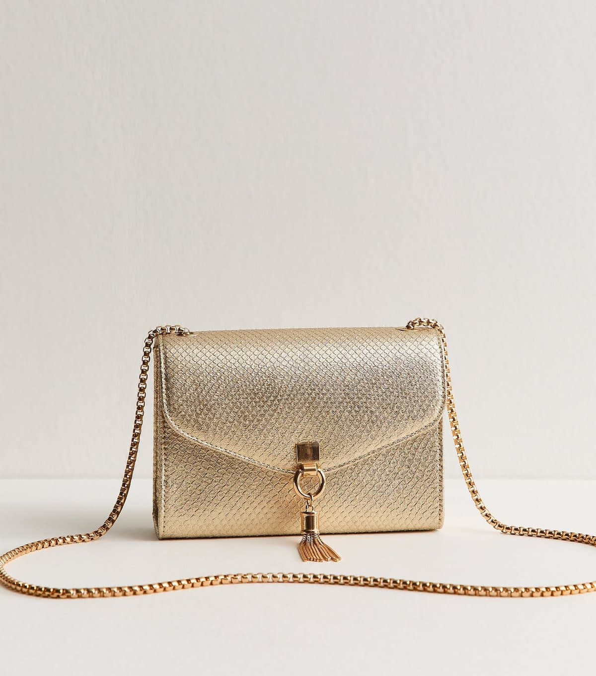 New Look Gold Faux Leather Snake Embossed Tassel Crossbody Bag Vegan New Look