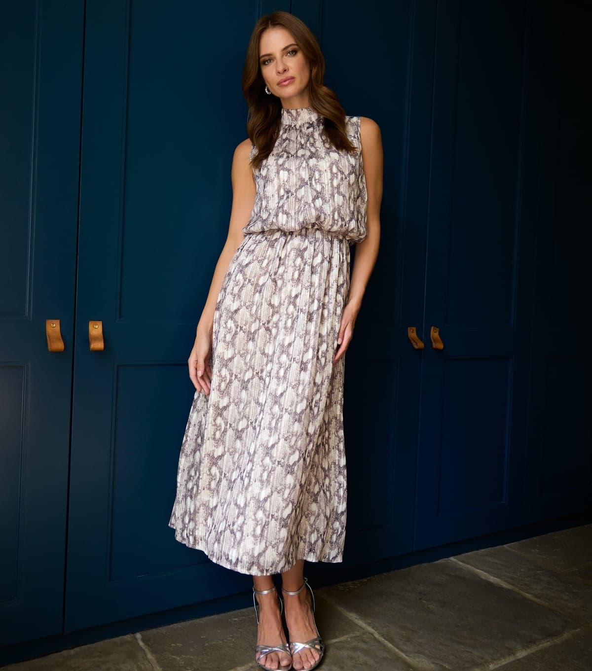 Blue Vanilla Women's Grey Snakeskin Print Diamante Stud Midi Dress Blue Vanilla New Look