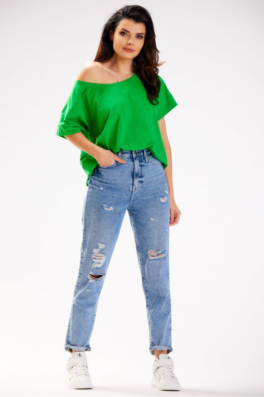 Love Lace Love Lace Green Loose Boat Neck T-Shirt