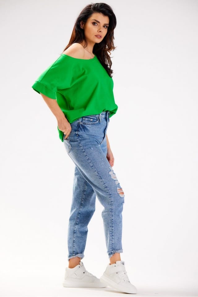 Love Lace Love Lace Women's Loose T-Shirt Deep Boat Neck Poland in Green - 2