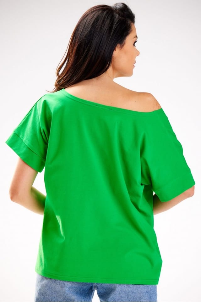 Love Lace Love Lace Women's Loose T-Shirt Deep Boat Neck Poland in Green - 3
