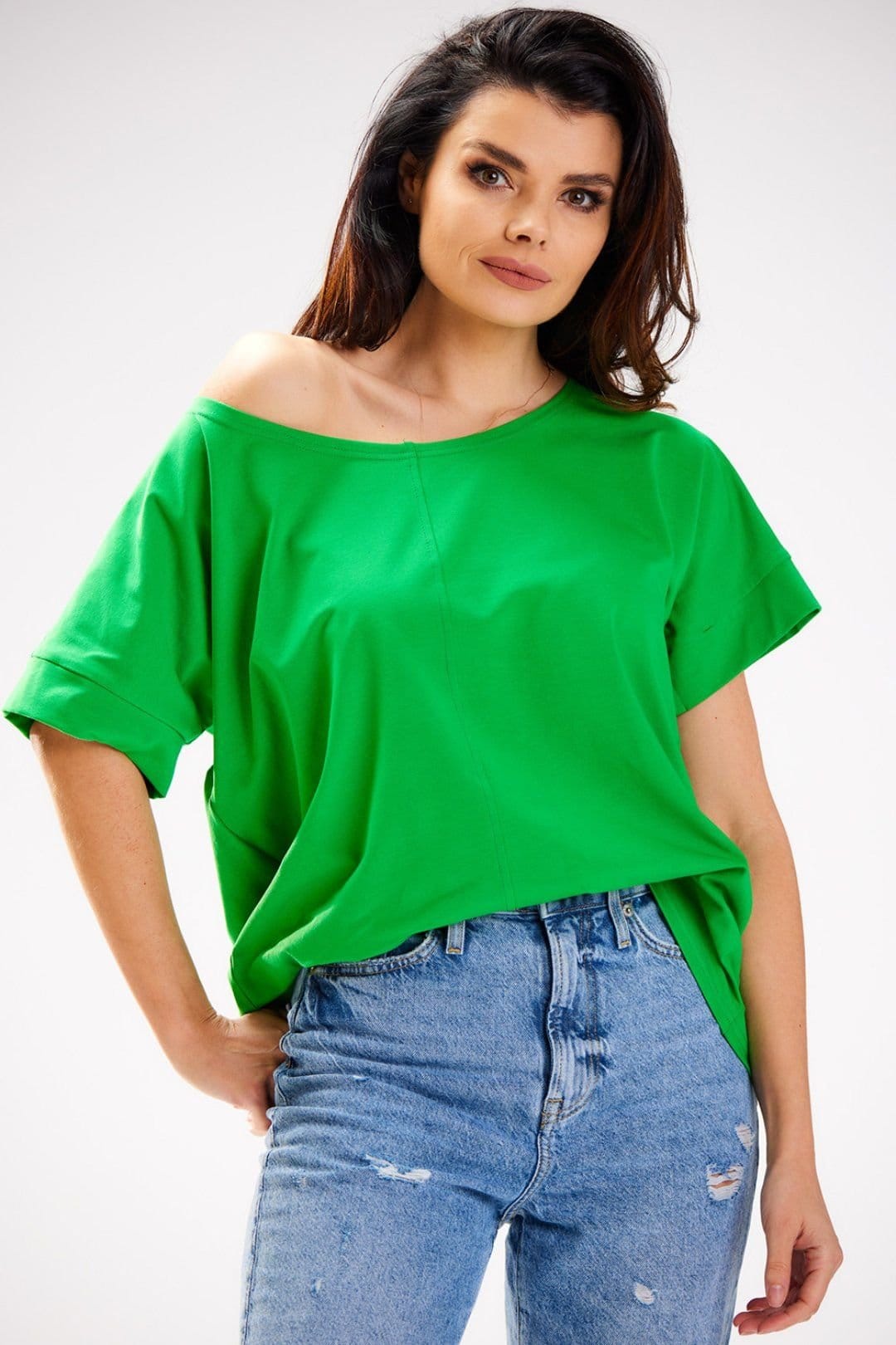 Love Lace Love Lace Women's Loose T-Shirt Deep Boat Neck Poland in Green - 4
