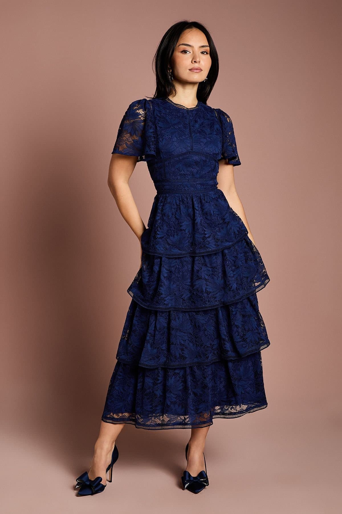 Coast Coast Women's Petite Tiered Lace Dress With Flutter Sleeve & Trims in Navy